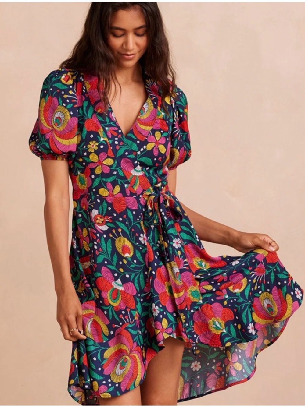 Summersalt The Silky Vibrant Floral Print Wrap Midi Dress Ruffles Puff Sleeves